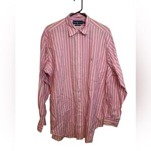 Ralph Lauren Vintage Pink and Green Striped Pony Cotton Button Down Shirt